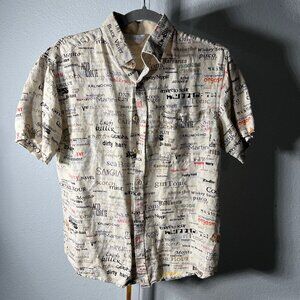 Amiani Linen Blend All-Over Print Cocktail Short-Sleeve Button-Up SZ Sm - RARE